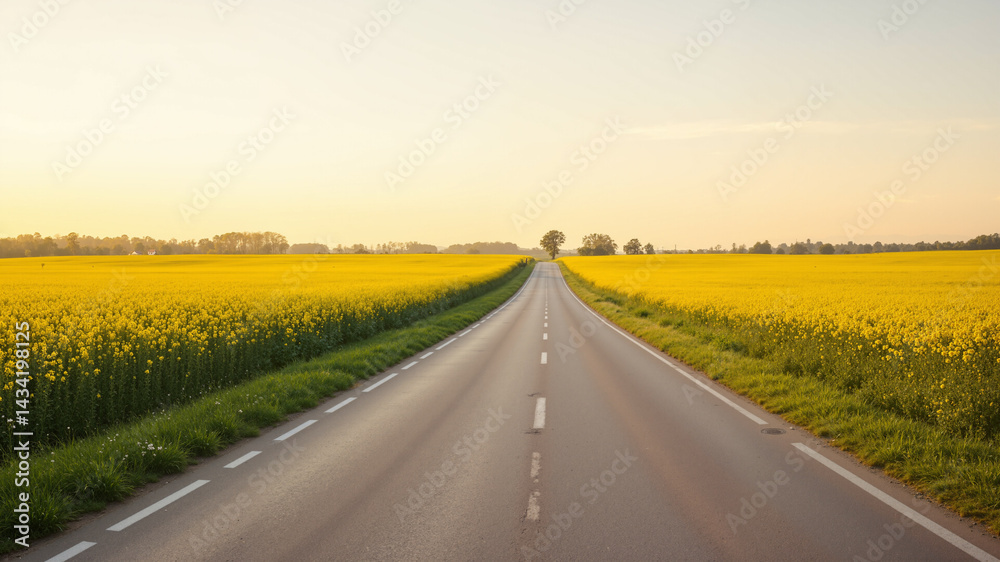 Naklejka premium The image shows a road winding through a field of bright yellow flowers