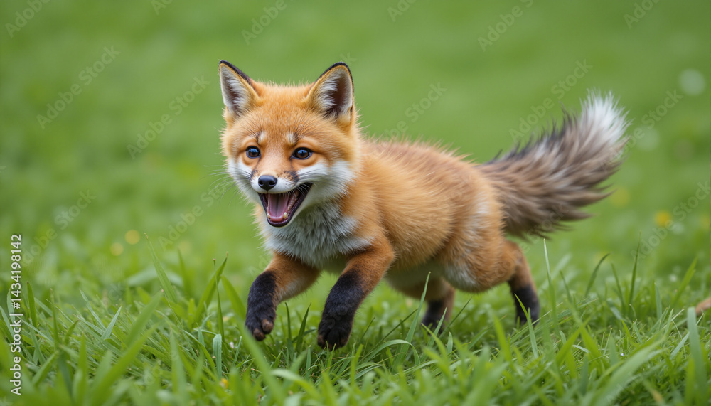 Fototapeta premium The image shows a red fox running across a lush green field with its mouth open