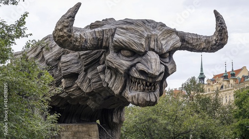 Large, weathered, stone sculpture of a grotesque bull-like creature.