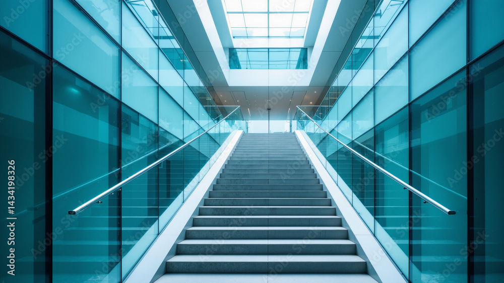 The image shows a stairway in a modern building with glass walls and a skylight above it. The stairs have railings on either side and the ceiling is illuminated with lights. The image shows a stairway in a modern building with glass walls and a skylight above it. The stairs have railings on either side and the ceiling is illuminated with lights.