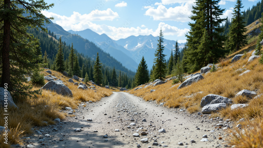 The image shows a dirt road winding through a mountain range The image shows a dirt road winding through a mountain range