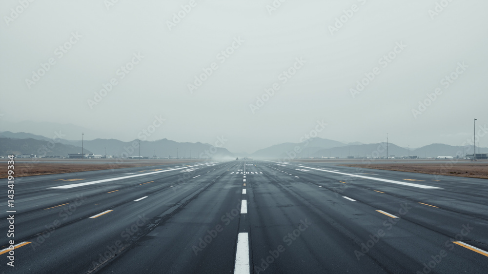 Fototapeta premium The image shows an empty runway with mountains in the background. On either side of the runway are poles
