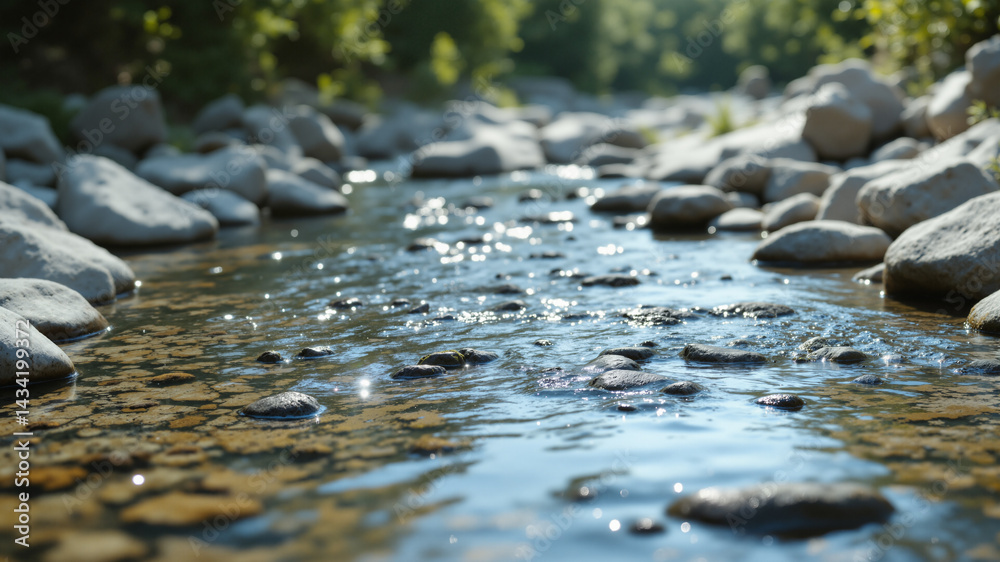 Fototapeta premium The image shows a stream running through a forest filled with rocks and trees. The water is crystal clear and the rocks are scattered along the banks of the stream. The trees in the background are tal