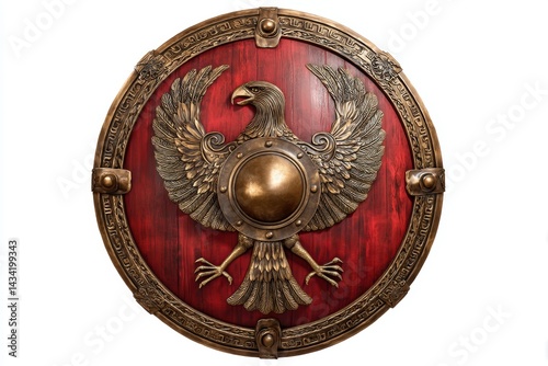 Roman scutum with ornate eagle emblem showcasing ancient craftsmanship and design on white background