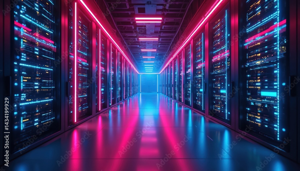 Fototapeta premium Neon-lit data center corridor futuristic tech. Dynamic neon lights illuminate server racks. High-tech infrastructure, digital network, cyberspace, hosting, processing. Modern innovation, data