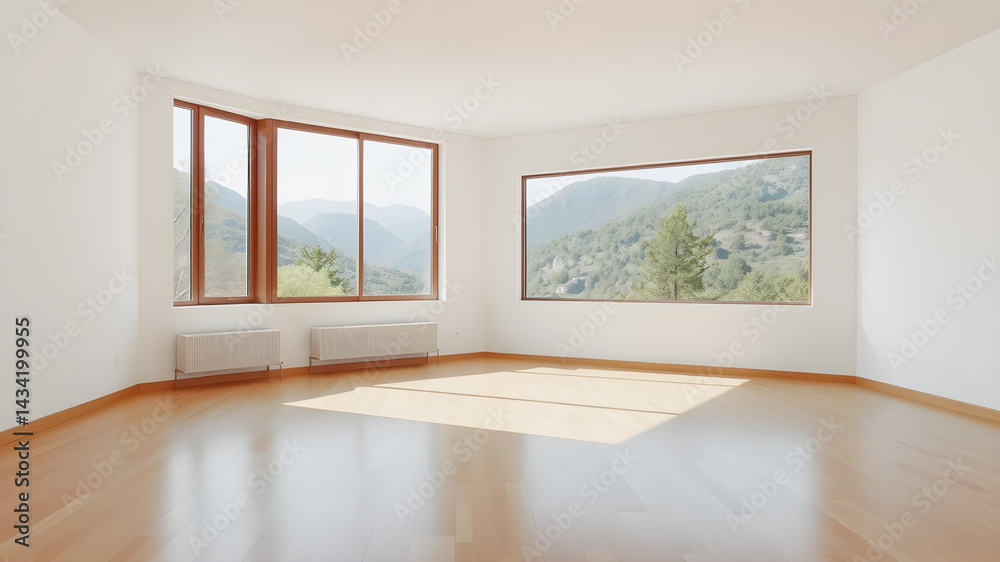 Empty room with mountain view, perfect for real estate or interior design. Empty room with mountain view, perfect for real estate or interior design.