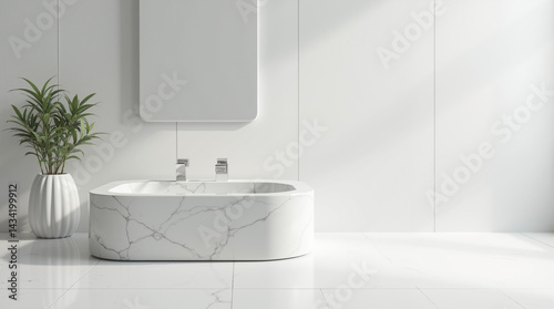 The image shows a white bathroom with a freestanding bathtub