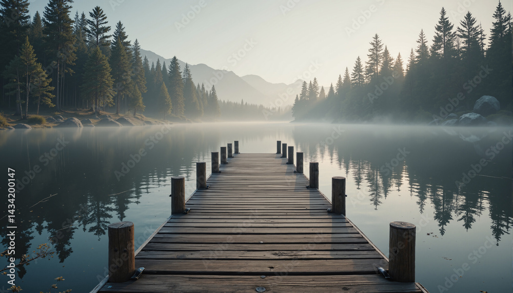 Naklejka premium The image shows a wooden dock in the middle of a lake