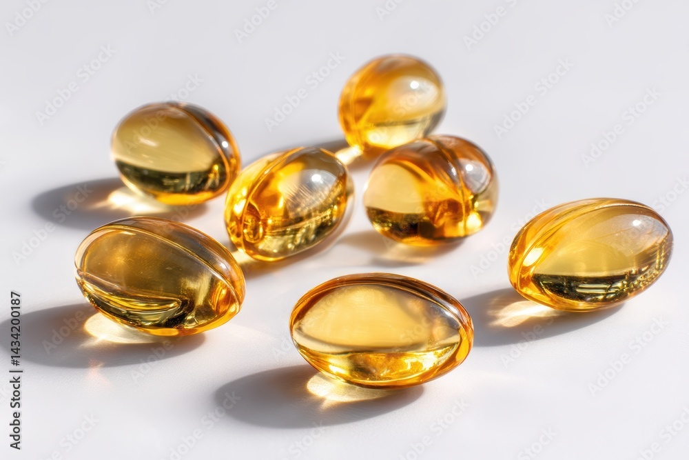 Omega-3 fish oil softgel capsules arranged on a smooth white surface for nutritional wellness Omega-3 fish oil softgel capsules arranged on a smooth white surface for nutritional wellness
