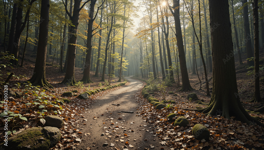 Fototapeta premium The image shows a path winding through a forest of trees with the sun shining through them. The ground is covered with dried leaves and rocks