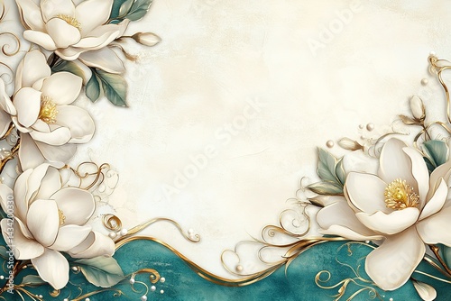 Elegant floral design with magnolia blossoms teal accents and golden swirls Luxe