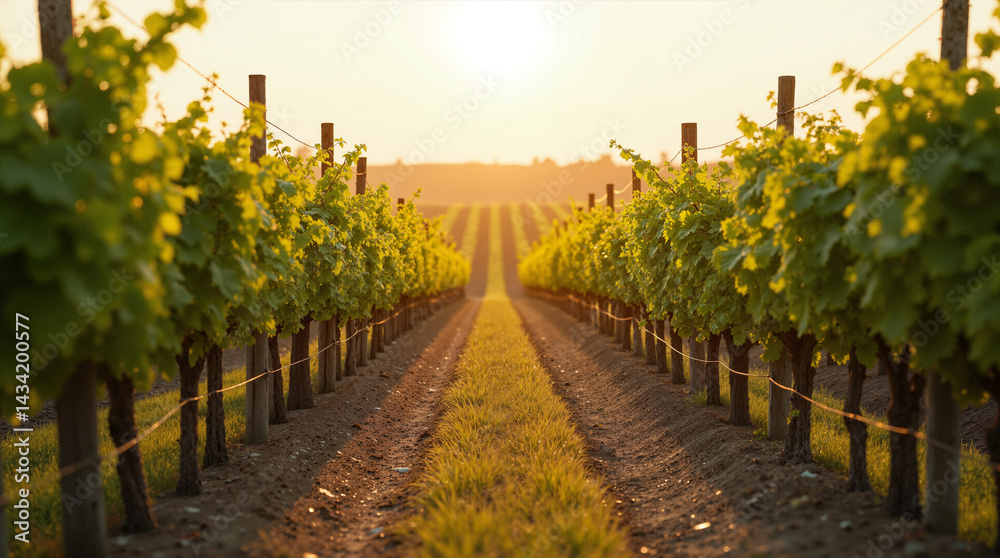 Fototapeta premium The image shows a vineyard at sunset with rows of vines in the foreground