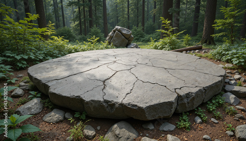 The image shows a large rock in the middle of a forest photo