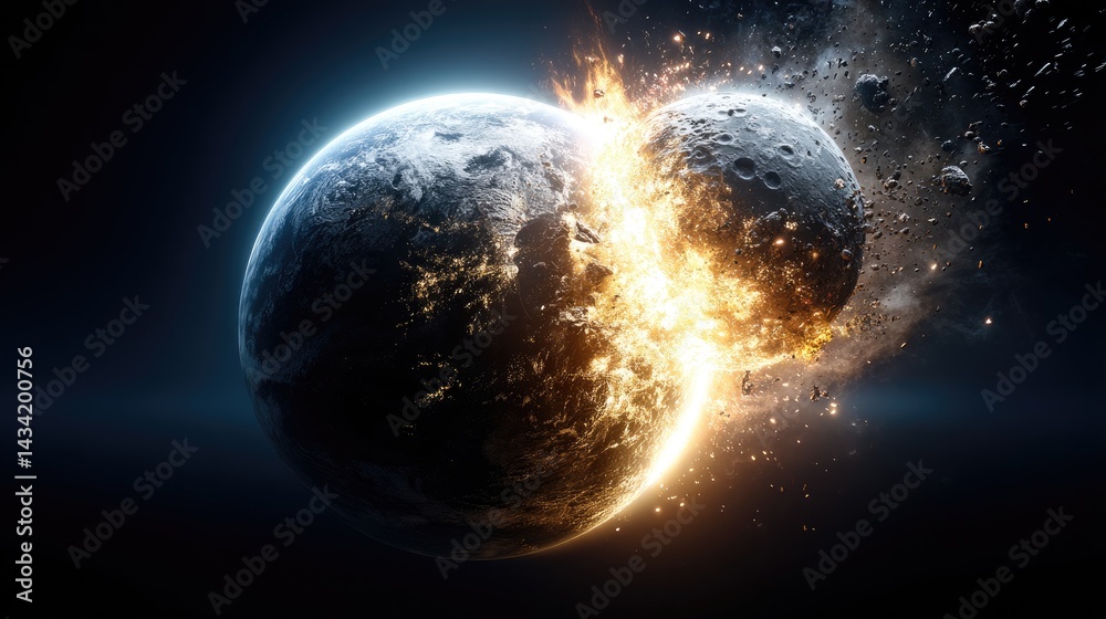 Obraz premium Two celestial bodies colliding in a dramatic cosmic event.