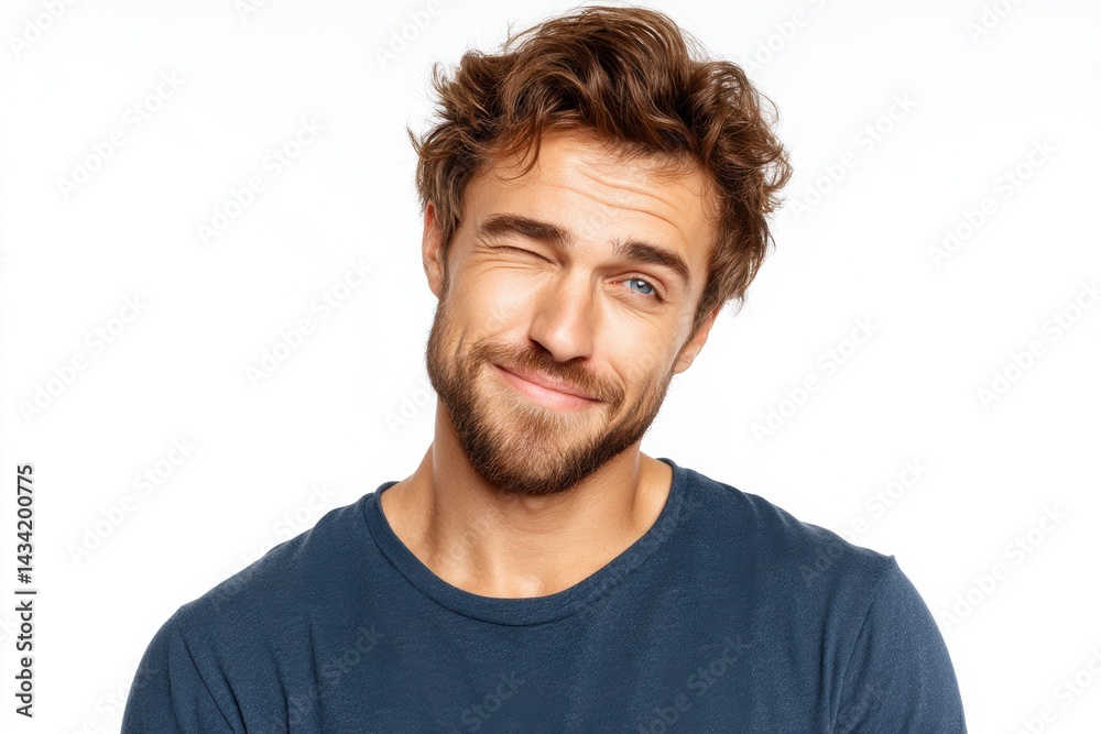 Friendly man winks with one eye in a warm gesture against a clean white background Friendly man winks with one eye in a warm gesture against a clean white background