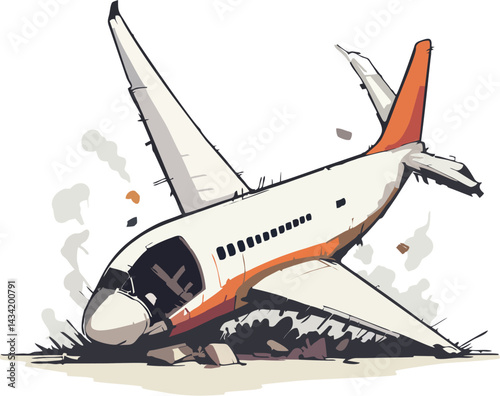 Crashed Passenger Airplane Vector Illustration with Broken Nose and Scattered Debris