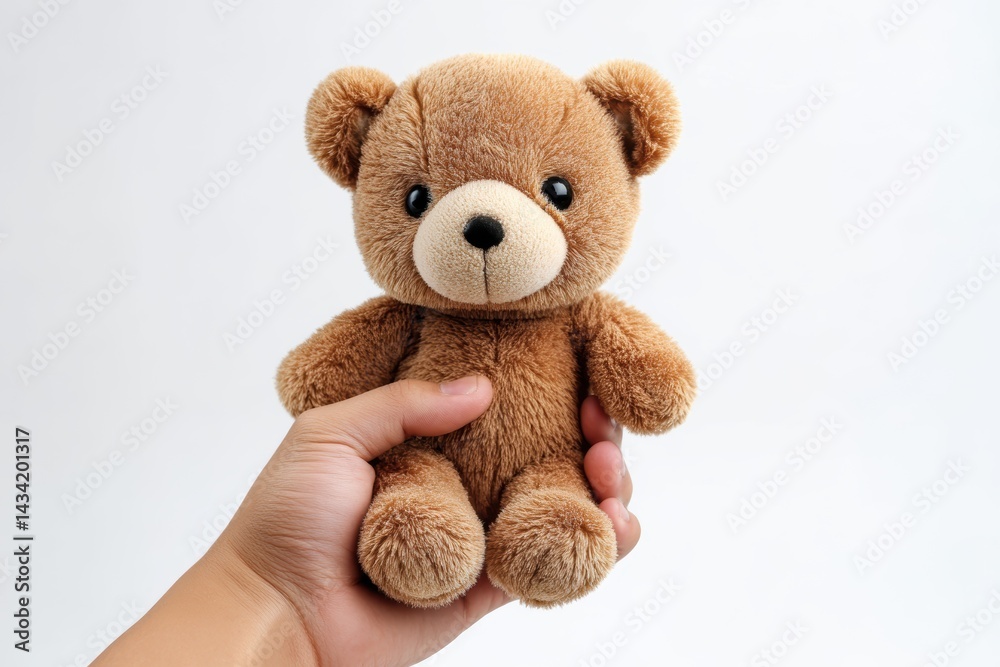 Fototapeta premium Hand holding a cute brown stuffed bear with button eyes, perfect gift idea for any occasion or celebration