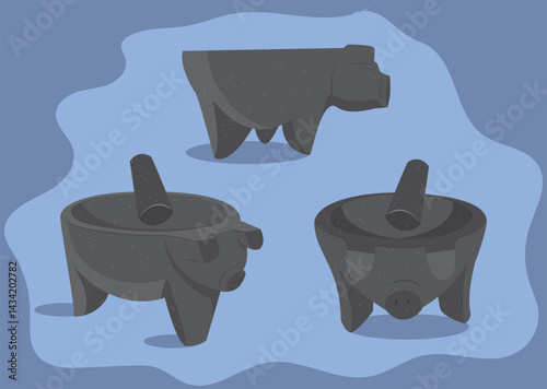 Pig-shaped stone molcajete, traditional pre-Hispanic cooking utensil from Mexico, vec.Pork molcajete