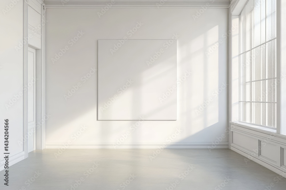 Obraz premium Minimalist bedroom with blank poster. AI generated illustration.