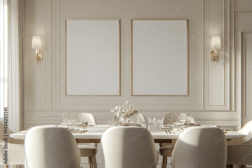 Minimalist dining room with framed blank posters. AI generated illustration. Minimalist dining room with framed blank posters. AI generated illustration.