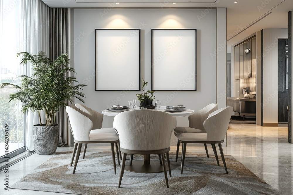 Fototapeta premium Minimalist dining room with framed blank posters. AI generated illustration.
