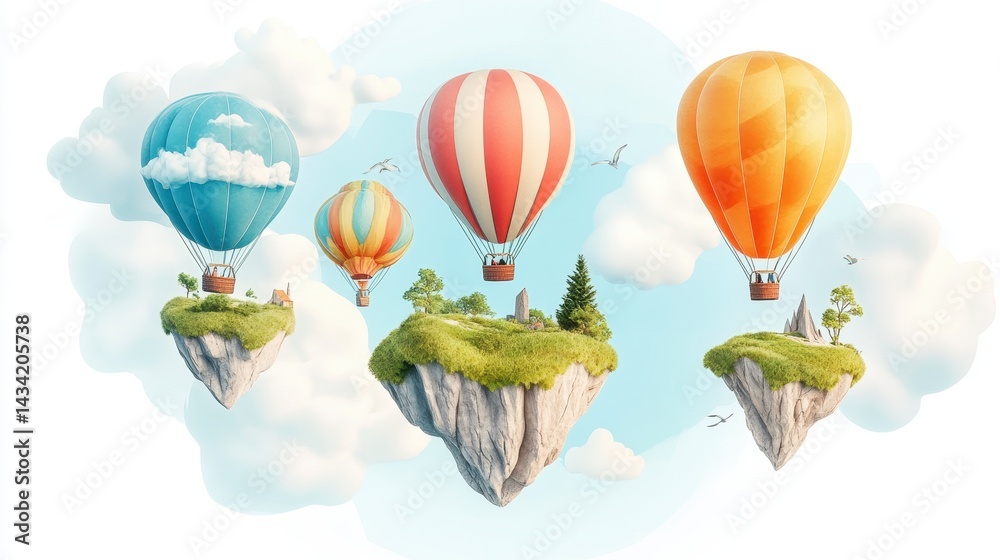 Fototapeta premium Whimsical illustration of colorful hot air balloons floating above small, idyllic islands in a dreamy sky. The scene is light and airy, evoking a sense of wonder and adventure.