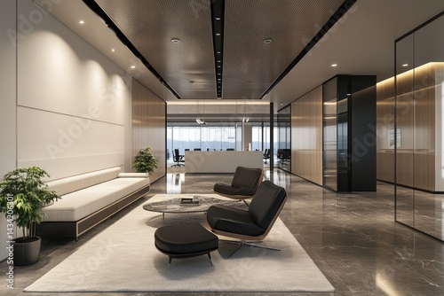 Modern office interior with blank wall for mockup display. AI generated illustration. photo