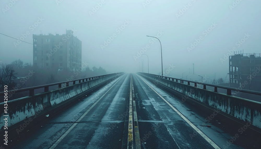 Fototapeta premium Empty elevated freeway vanishing into dense early morning fog