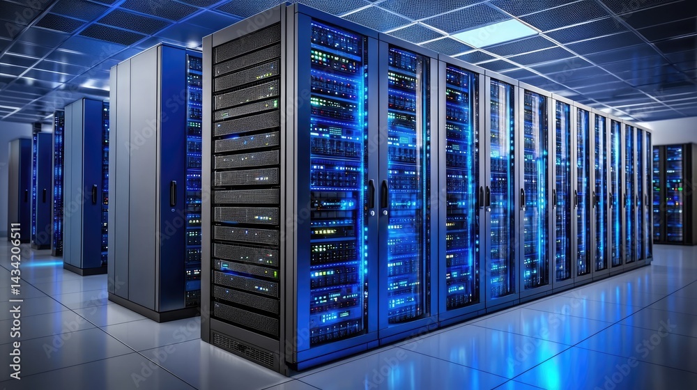 Futuristic server room with rows of blue-lit data racks, clean reflective floors, and modern ceiling panels, ideal for tech ads, cloud computing, AI, or cybersecurity visuals Futuristic server room with rows of blue-lit data racks, clean reflective floors, and modern ceiling panels, ideal for tech ads, cloud computing, AI, or cybersecurity visuals