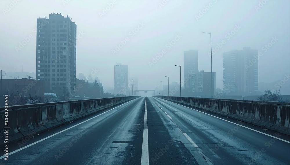 Obraz premium Empty elevated freeway vanishing into dense early morning fog
