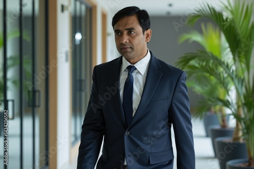 Wallpaper Mural Focused South Asian businessman dressed professionally in a dark suit and tie walks purposefully through a bright, modern office corridor with plants. Represents corporate ambition, determination Torontodigital.ca