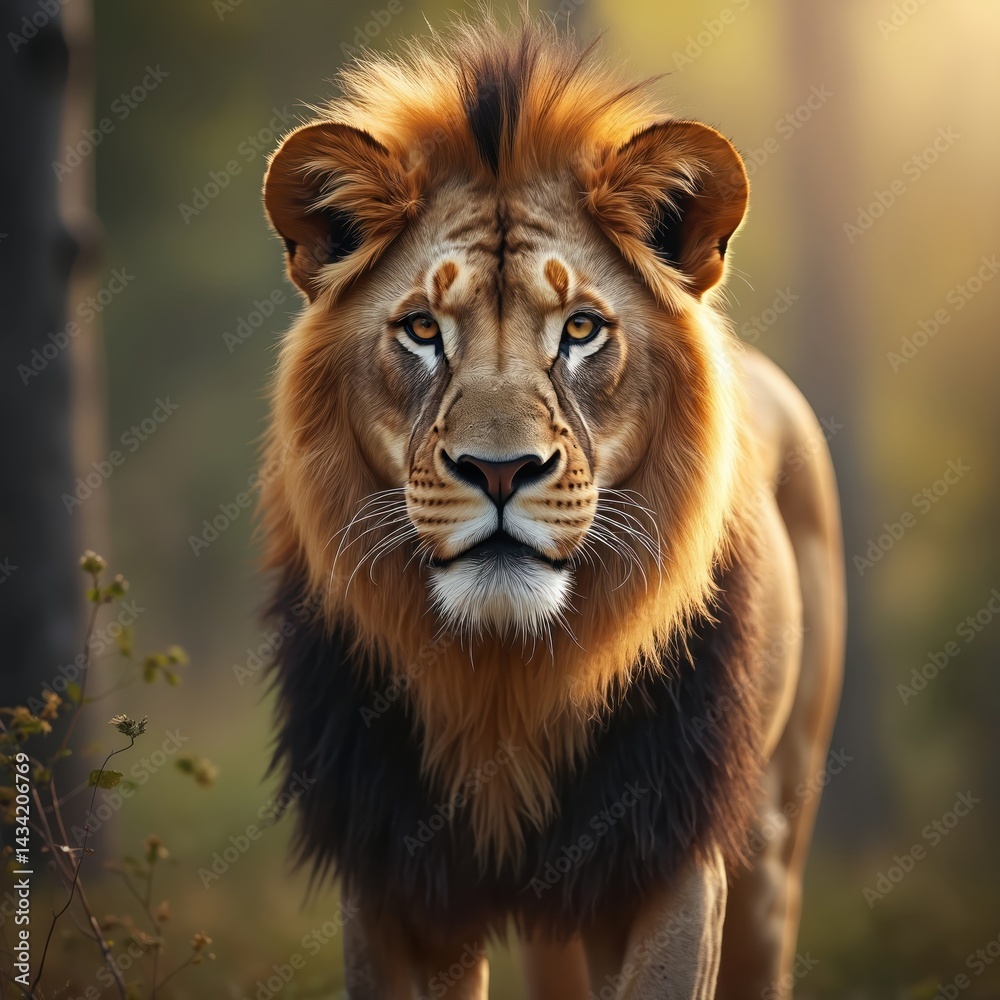 Fototapeta premium Majestic lion portrait in natural forest habitat. Powerful male lion with intense gaze stands, strength. Wildlife predator, king of jungle, lion face close-up, natural light on background. Animal,