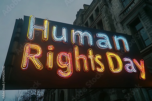 Human rights day neon sign against building backdrop observance and awareness