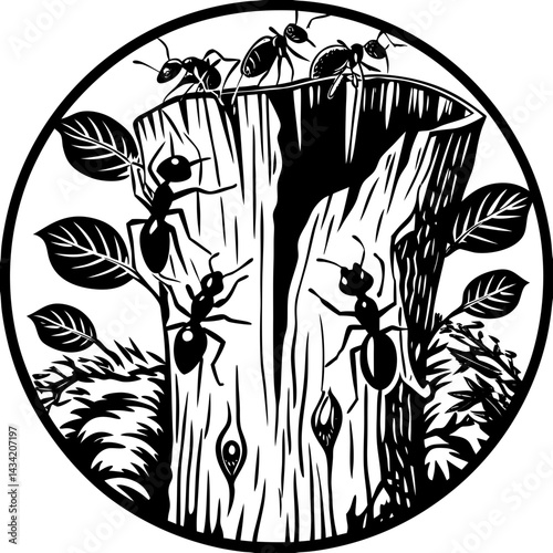 A colony of ants climbing in a tree