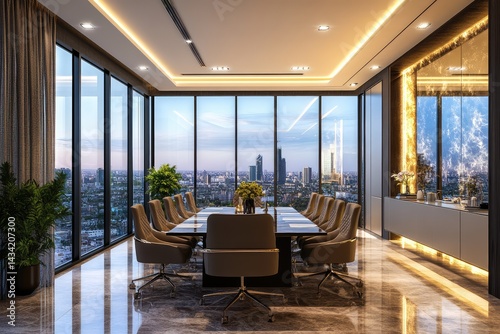 Modern office interior with blank wall for mockup display. AI generated illustration. photo