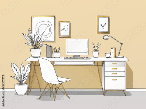 modern home office interior cartoon vector illustration