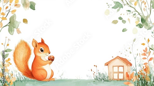 Adorable watercolor illustration of a squirrel holding an acorn, nestled amidst autumn foliage and a small house. 