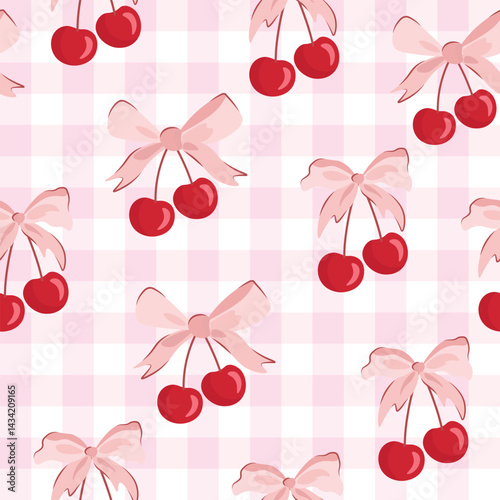 bow seamless patterns, ribbon, gift wrapping paper seamless pattern, Vector graphics. happy birthday, anniversary, party, celebration, fabric, textile, cherry and bow ribbon, red and pink, check