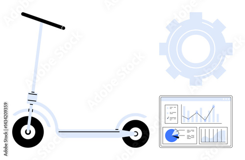 Electric scooter alongside data analytics dashboard and gear backdrop emphasizing clean mobility, tech, innovation. Ideal for eco-friendly transport, mobility solutions, modern commuting, analytics