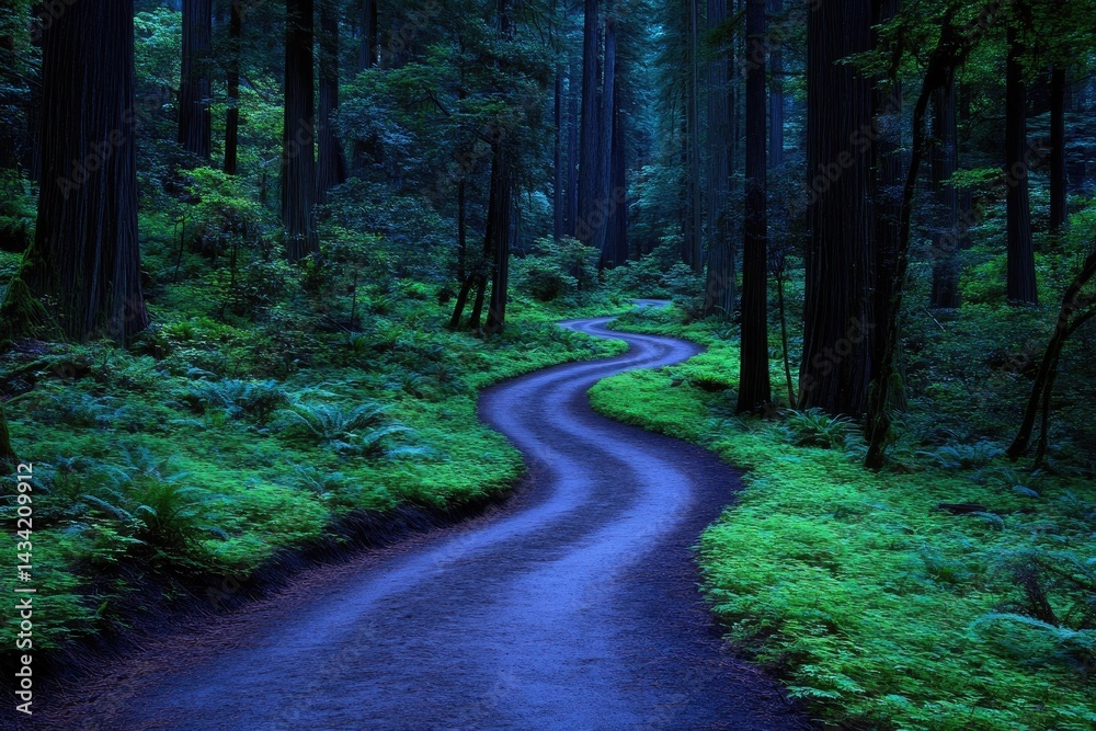 Fototapeta premium Winding path cuts through vibrant, dense forest. Tall trees loom overhead