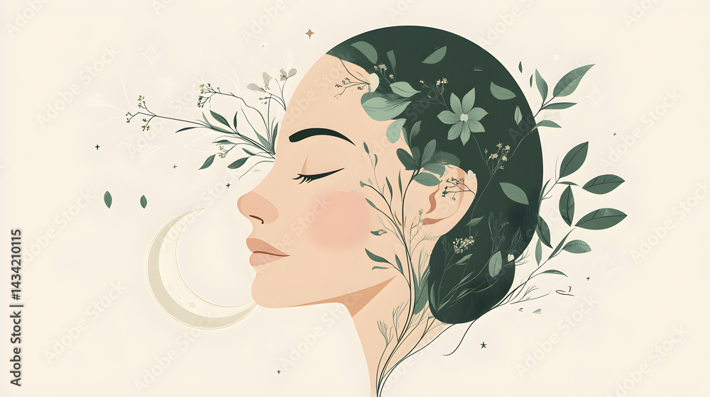 Abstract portrait, minimalist art, face blended with nature, green and beige color scheme, floral elements Abstract portrait, minimalist art, face blended with nature, green and beige color scheme, floral elements