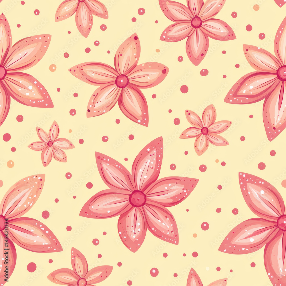 Fototapeta premium Seamless pattern Bright floral pattern with pink flowers and yellow background