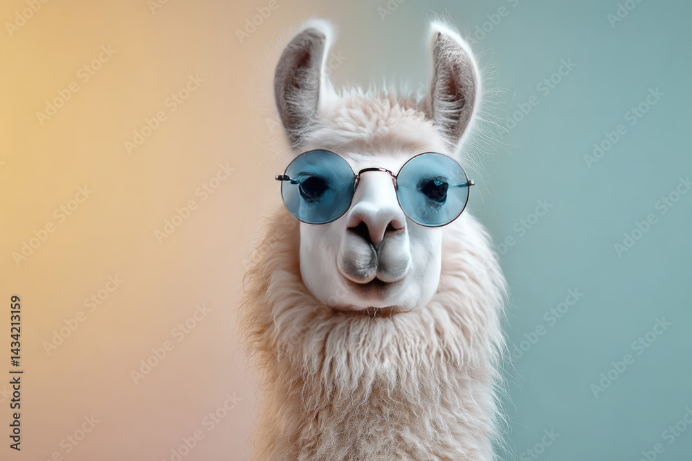 Obraz premium A stylish llama wearing blue sunglasses poses against a pastel-colored background