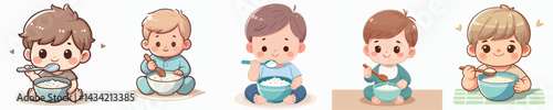 Vector collection of a cute little Baby boy eating porridge in a bowl with a spoon