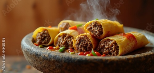 Freshly unwrapped beef tamales in traditional molcajete