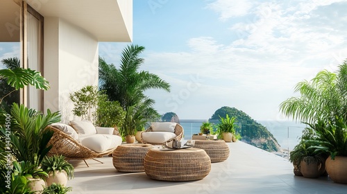 Balcony furnished with rattan chairs and potted plants, evoking cozy eco-style living