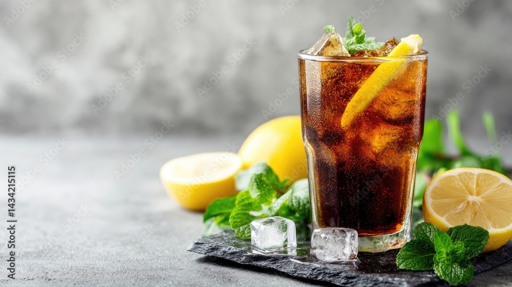 Fototapeta premium Refreshing iced cola with lemon slice, mint leaves, and ice cubes on stone tray with copy space. Ideal for summer beverage ads, menus, or drink promotions