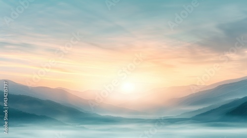 A serene landscape featuring soft, rolling mountains bathed in pastel hues during sunrise, creating a tranquil atmosphere.