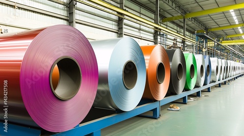 Fototapeta Naklejka Na Ścianę i Meble -  row of colorful coated steel coils in a factory, showing different finishes for industrial and construction applications. painted steel coils, colored metal, industrial coating, factory production, 