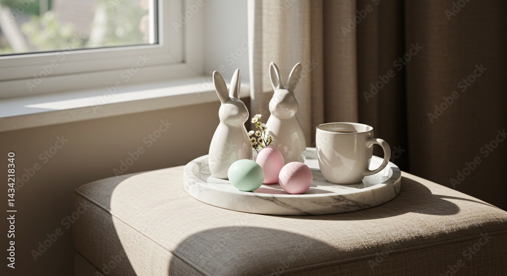 Easter still life with bunnies, colored eggs, and coffee by the window Easter still life with bunnies, colored eggs, and coffee by the window